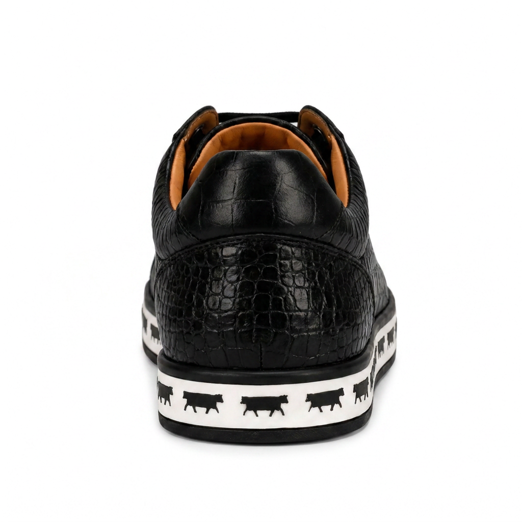 Johnny Famous Bally Style Animal Print Men's Onyx Black Gator Embossed Leather Low Top Sneakers