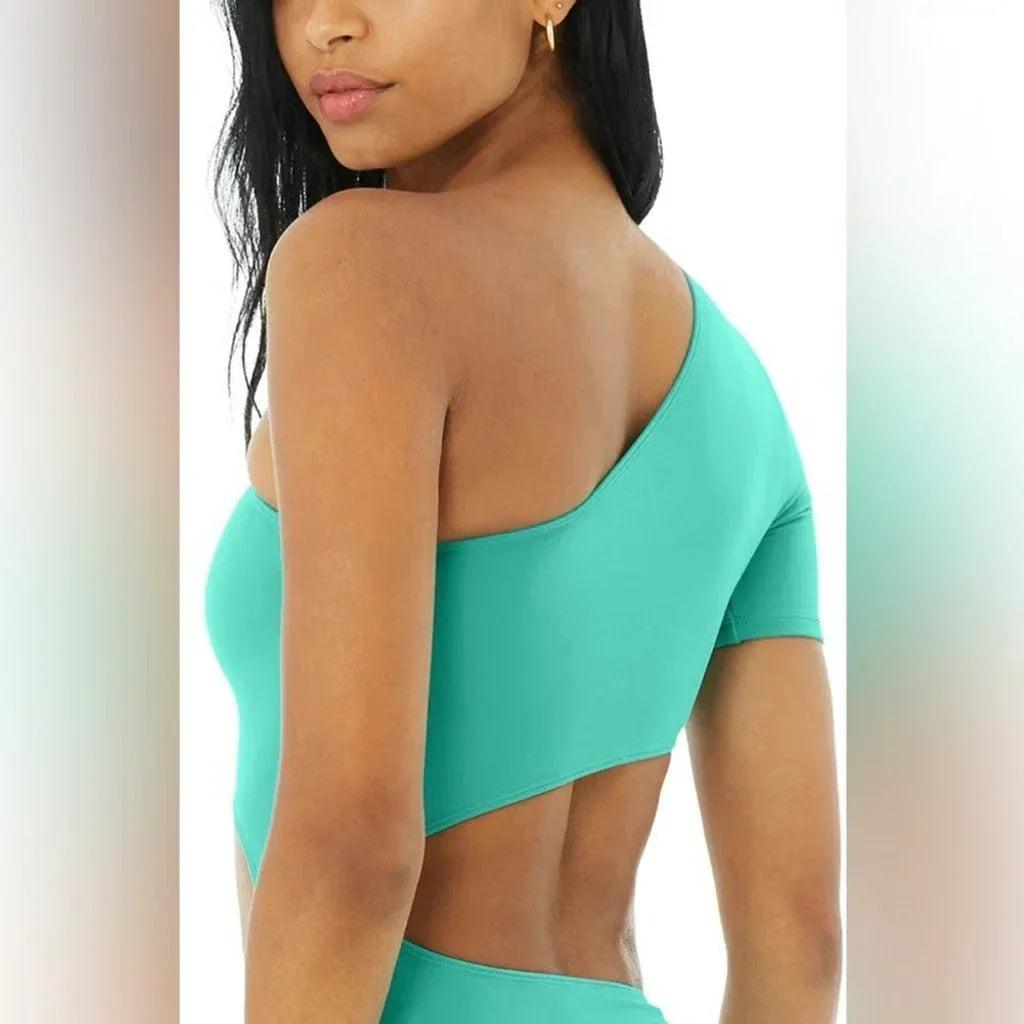 Alo Yoga Body Wave Cutout One-Shoulder Womens Bodysuits — Ocean/Teal
