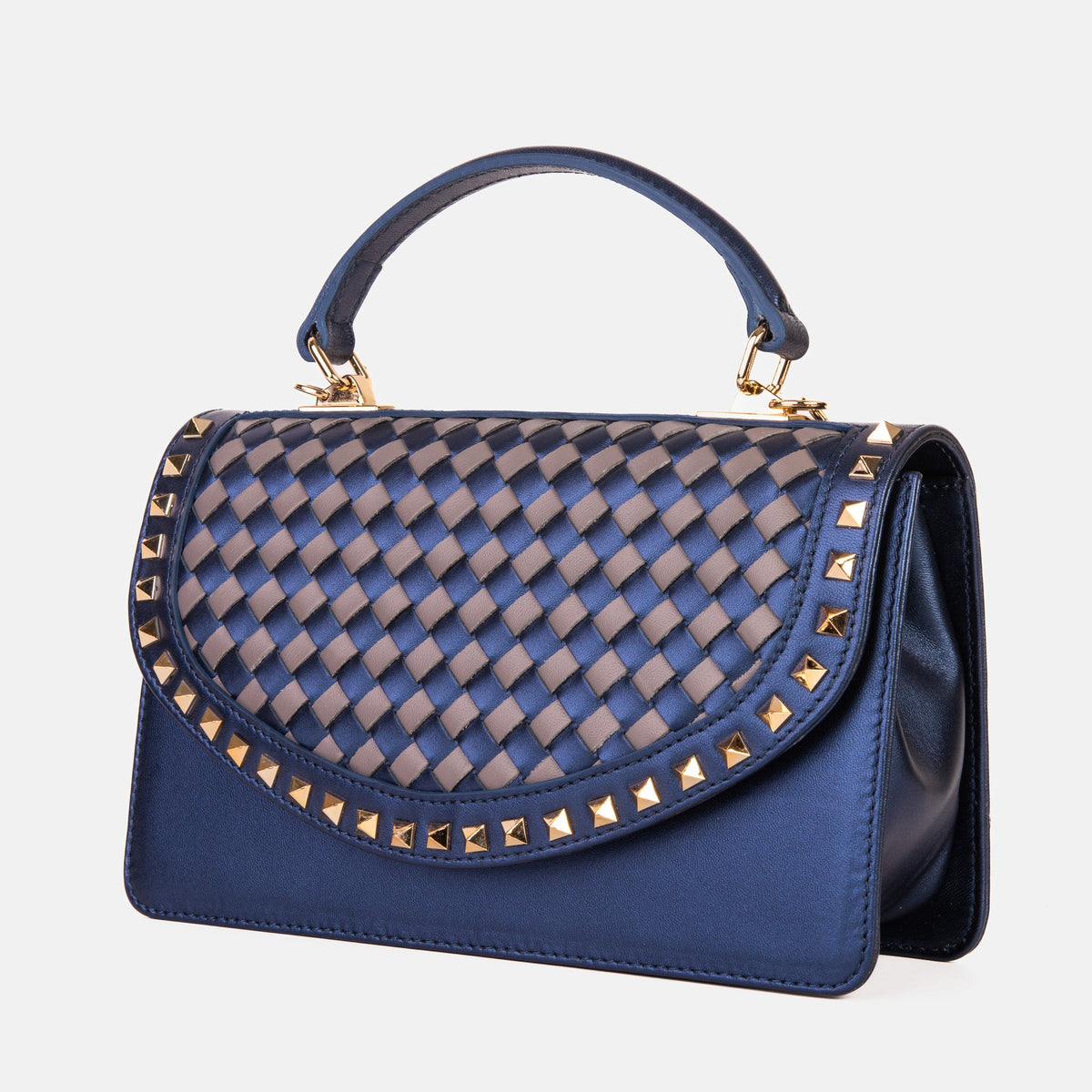 Vinci Leather The Dosso Navy Blue and Beige Handwoven Leather Handbag – product view 1