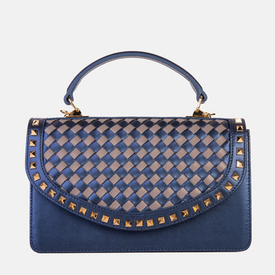 The Dosso Navy Blue and Beige Handwoven Leather Handbag