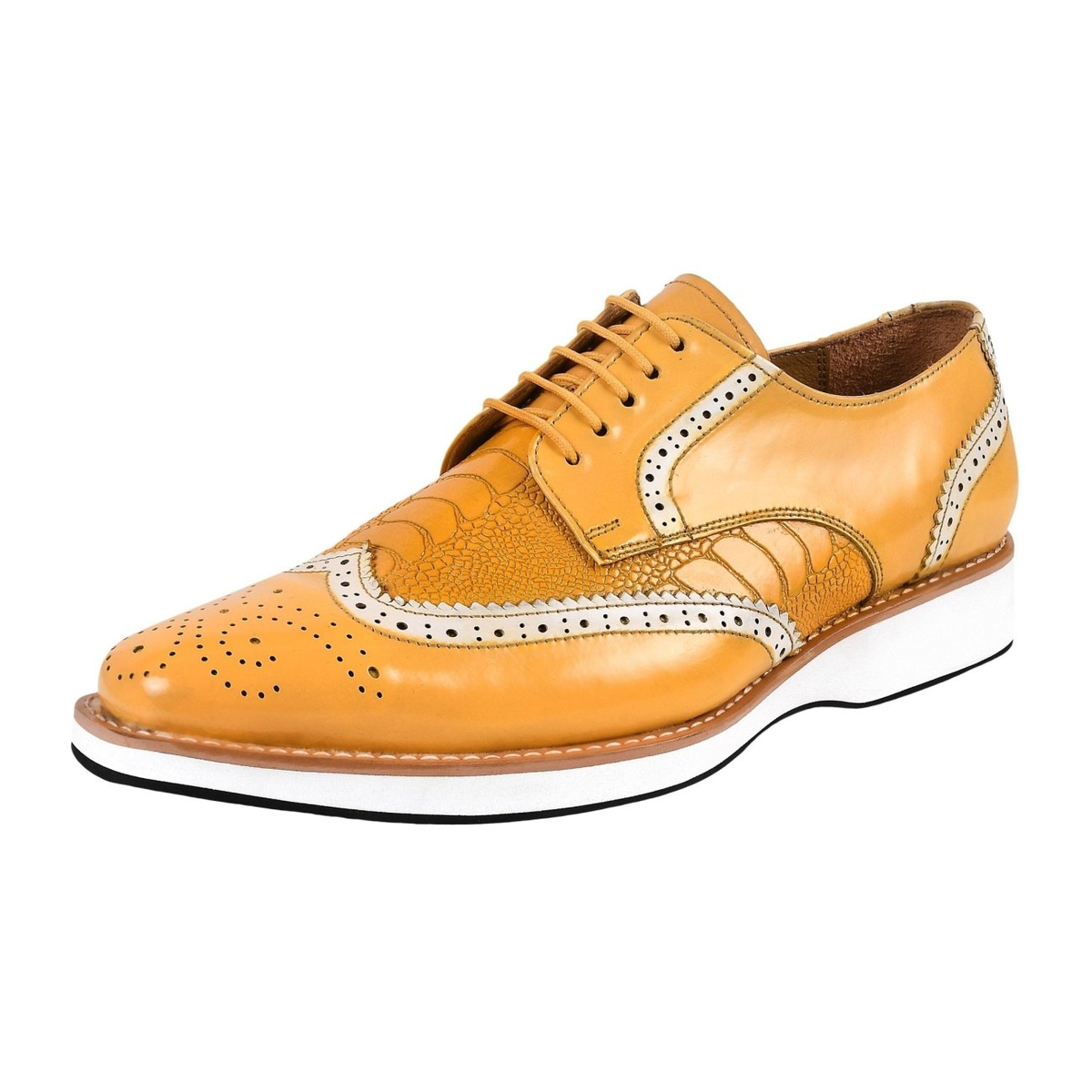Liberty Zeno Roy men’s leather wingtip shoe in Yellow, front three-quarter view, showing ostrich-leg print