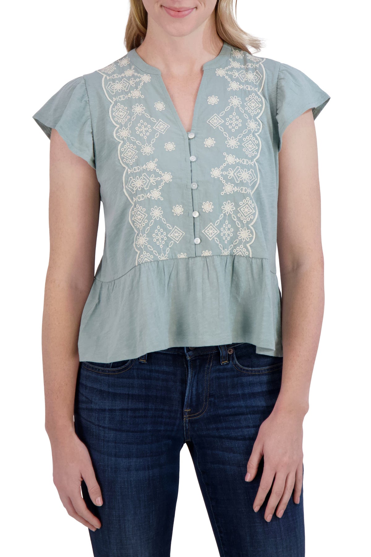 [135618-329] WOMENS LUCKY BRAND OTT FLUTTER SLEEVE TOP - SAGE – product view 1