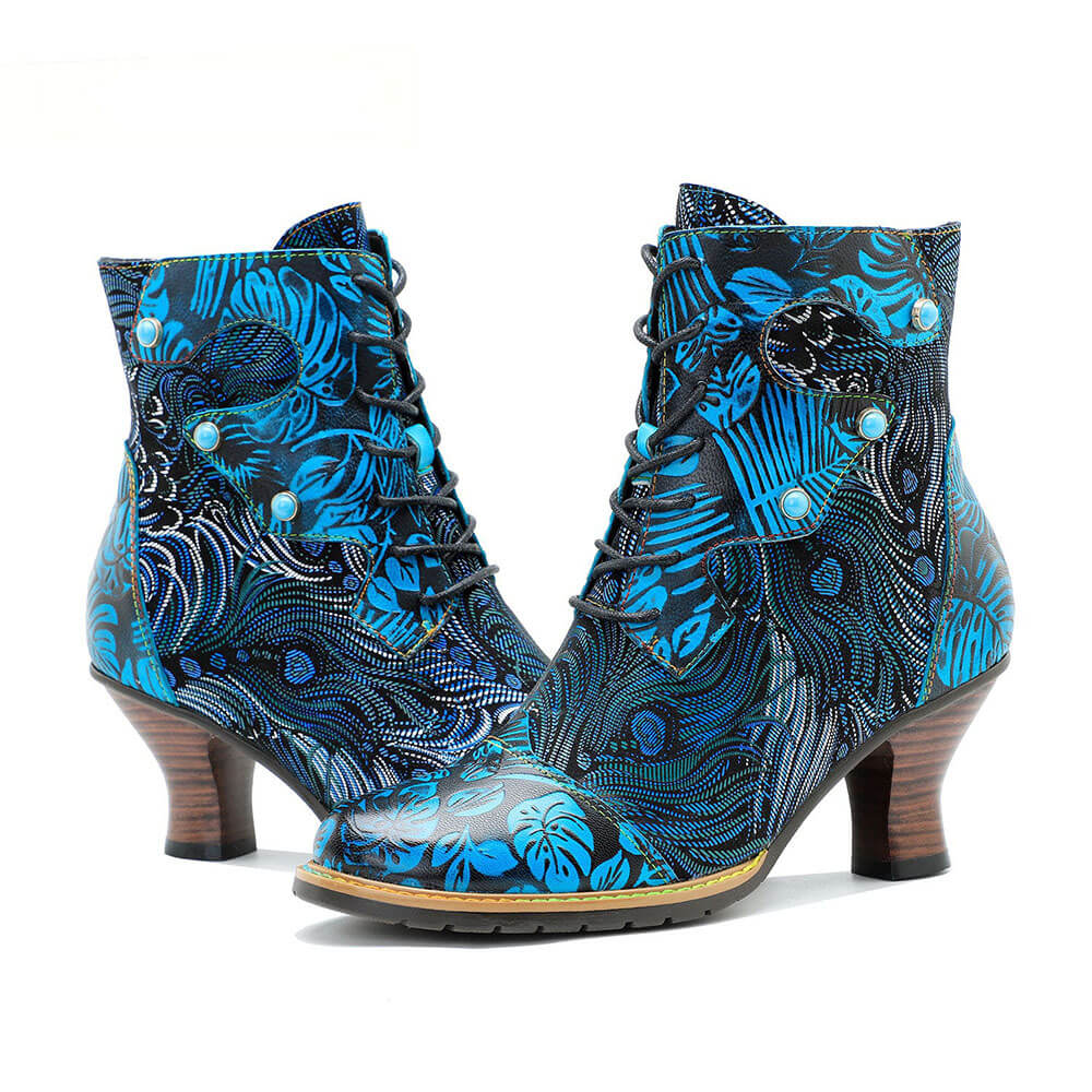 Blue Embossed Leather And Warm Brocade Comfy Ankle Boots – product view 6
