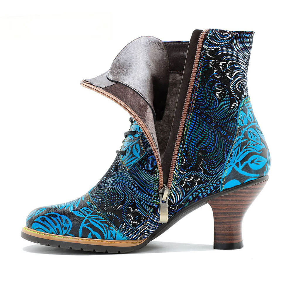 Blue Embossed Leather And Warm Brocade Comfy Ankle Boots – product view 10