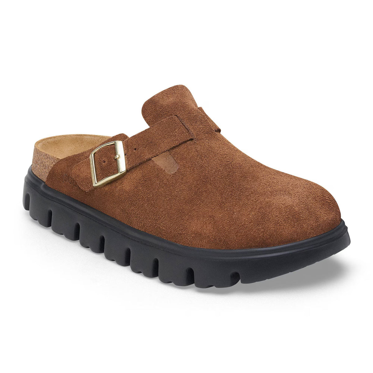 Birkenstock Boston Chunky Suede Womens Clogs — Dark Tea/Black