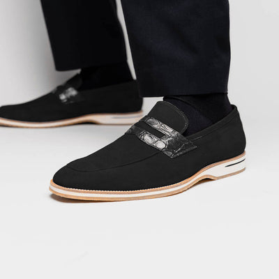 Zelli Italia 11-020-BLK MEO 3 Sueded Goatskin Penny Loafer, Black Lifestyle View