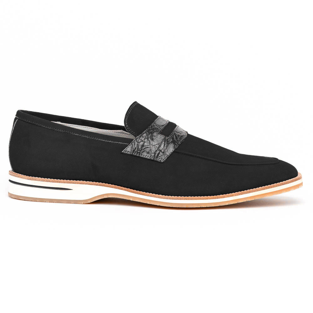Zelli Italia 11-020-BLK MEO 3 Sueded Goatskin Penny Loafer, Black Front View