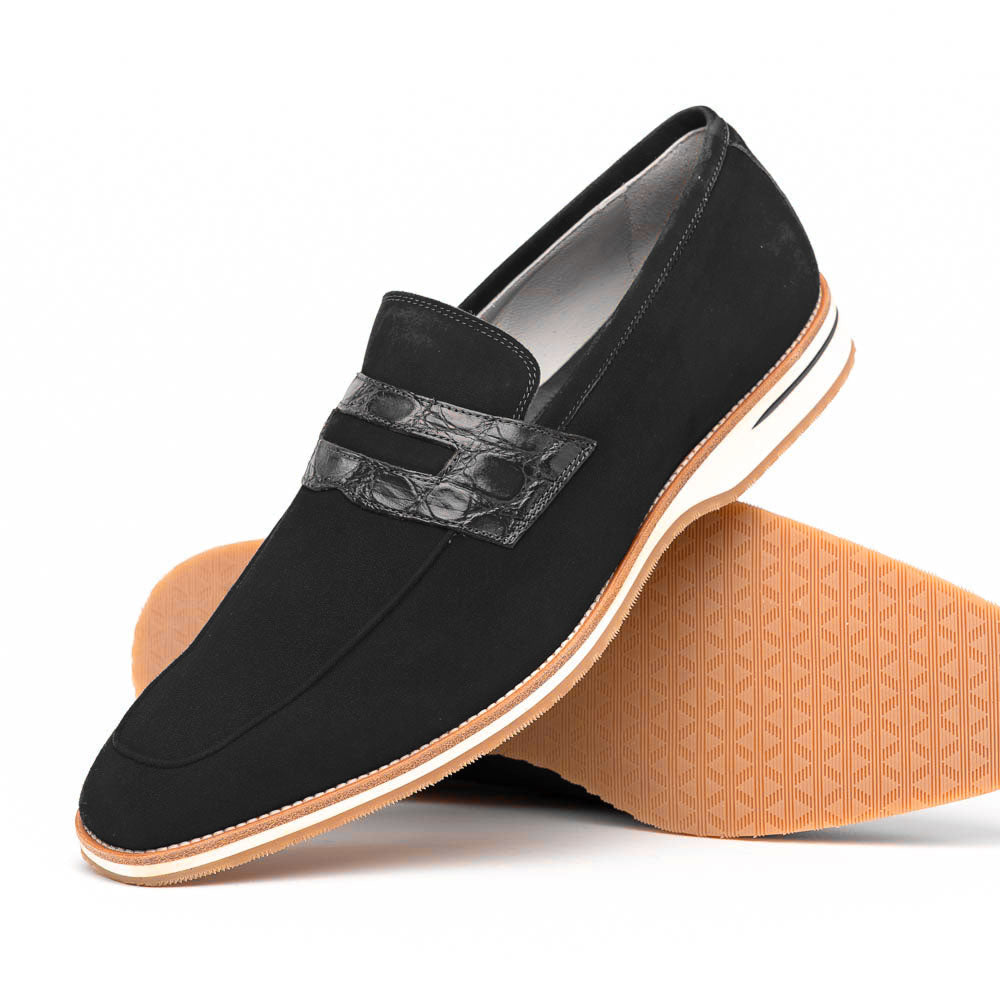 Zelli Italia 11-020-BLK MEO 3 Sueded Goatskin Penny Loafer, Black Angled View