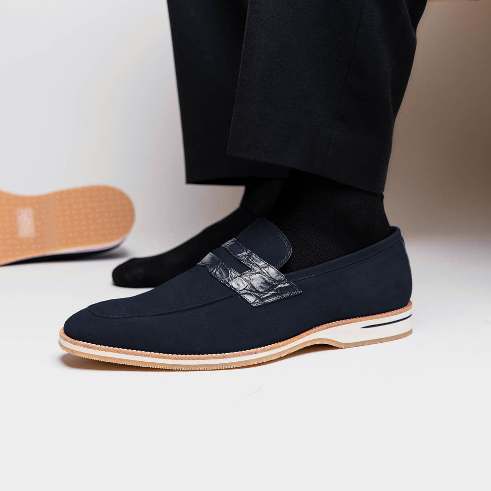Zelli Italia 11-020-NVY MEO 3 Sueded Goatskin Penny Loafer, Navy View 10