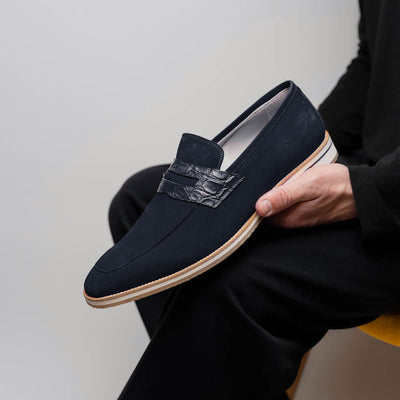 Zelli Italia 11-020-NVY MEO 3 Sueded Goatskin Penny Loafer, Navy Bottom View