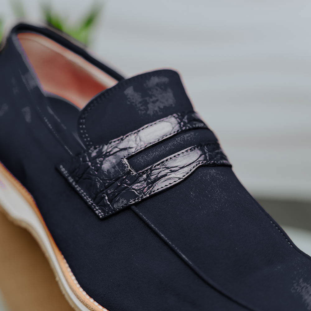 Zelli Italia 11-020-NVY MEO 3 Sueded Goatskin Penny Loafer, Navy View 12