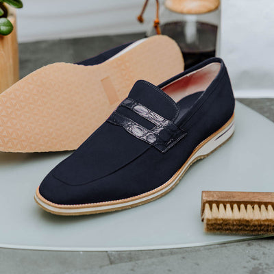 Zelli Italia 11-020-NVY MEO 3 Sueded Goatskin Penny Loafer, Navy View 14
