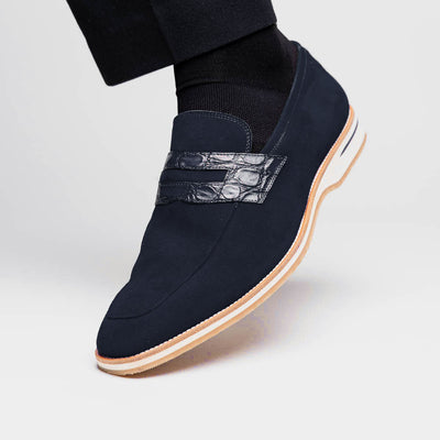 Zelli Italia 11-020-NVY MEO 3 Sueded Goatskin Penny Loafer, Navy Lifestyle View