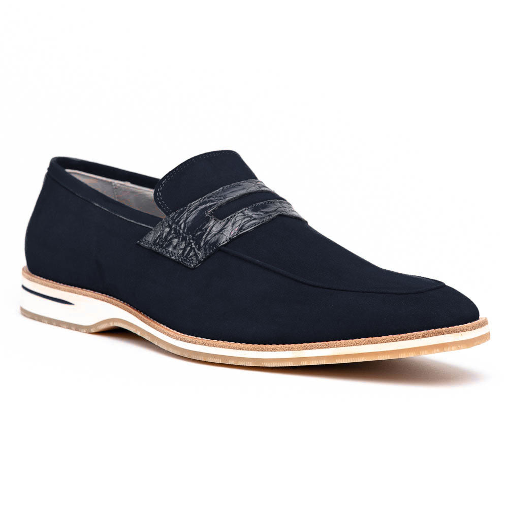 Zelli Italia 11-020-NVY MEO 3 Sueded Goatskin Penny Loafer, Navy Side View