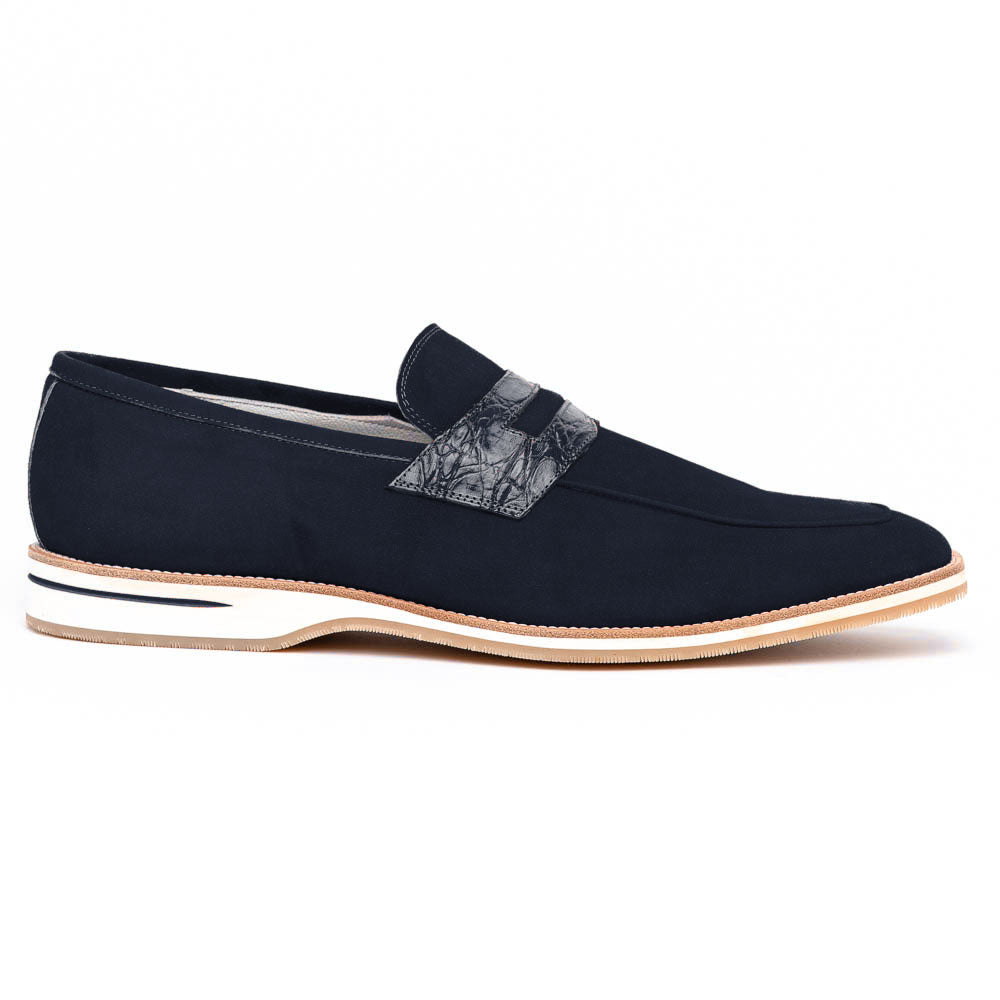 Zelli Italia 11-020-NVY MEO 3 Sueded Goatskin Penny Loafer, Navy Front View