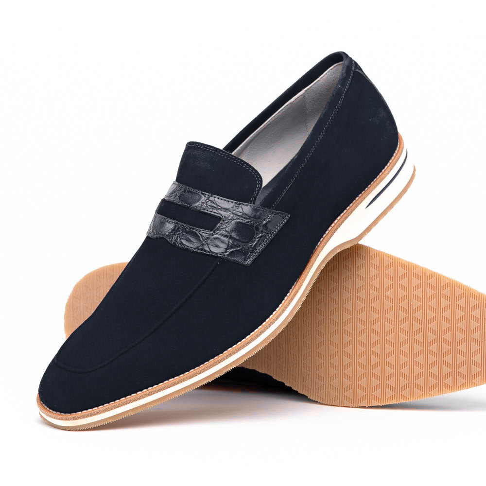 Zelli Italia 11-020-NVY MEO 3 Sueded Goatskin Penny Loafer, Navy Angled View