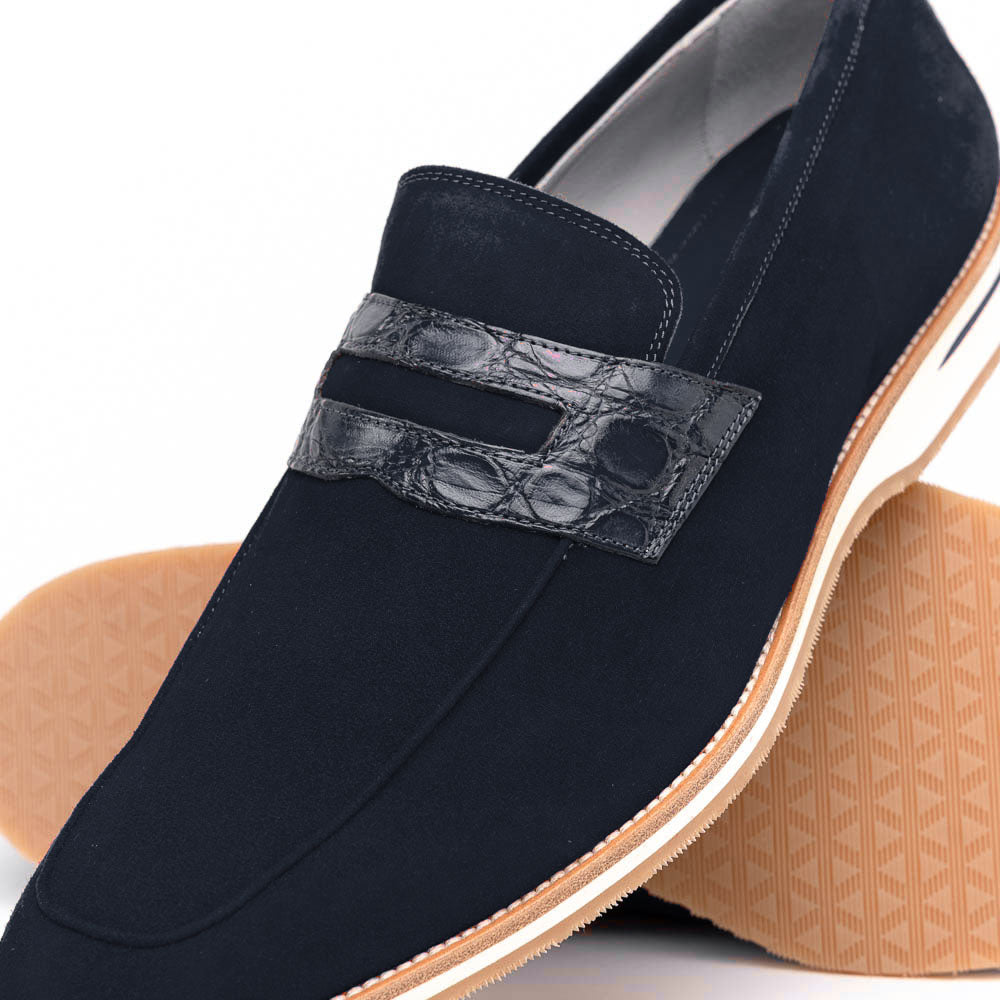 Zelli Italia 11-020-NVY MEO 3 Sueded Goatskin Penny Loafer, Navy Back View