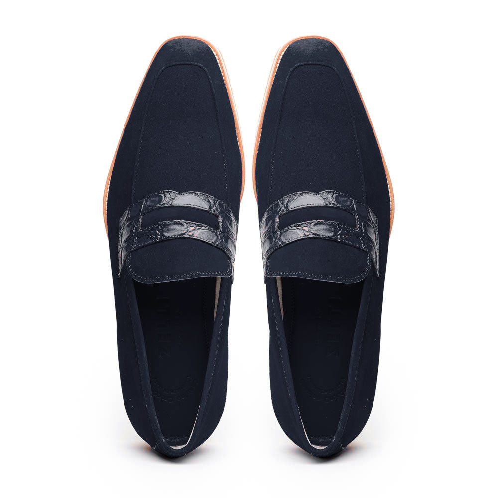 Zelli Italia 11-020-NVY MEO 3 Sueded Goatskin Penny Loafer, Navy Detail View