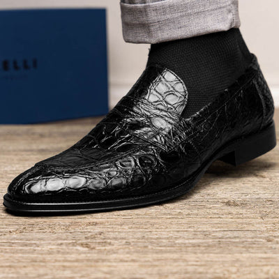 Zelli Italia 11-201-BKM ROMA Crocodile Penny Loafer, Black Top View