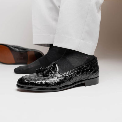 Zelli Italia 11-582-BLK FRANCO Crocodile Tassel Loafer, Black Bottom View