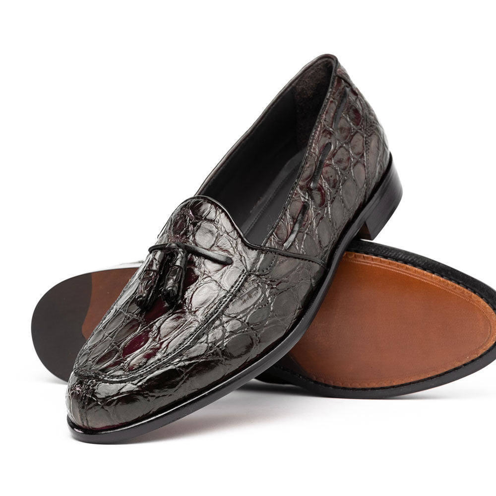 Zelli Italia 11-582-NIC FRANCO Crocodile Tassel Loafer, Nicotine Angled View