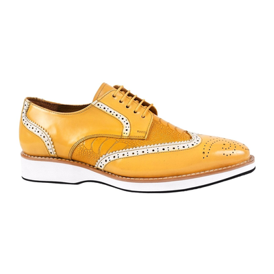 Liberty Zeno Roy men’s leather wingtip shoe in Yellow, side profile, showing ostrich-leg print