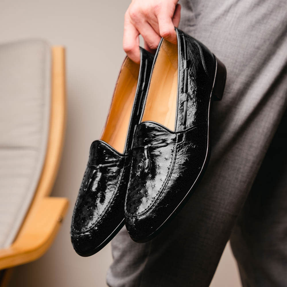 Zelli Italia 13-581-BLK FRANCO Ostrich Tassel Loafer, Black Top View