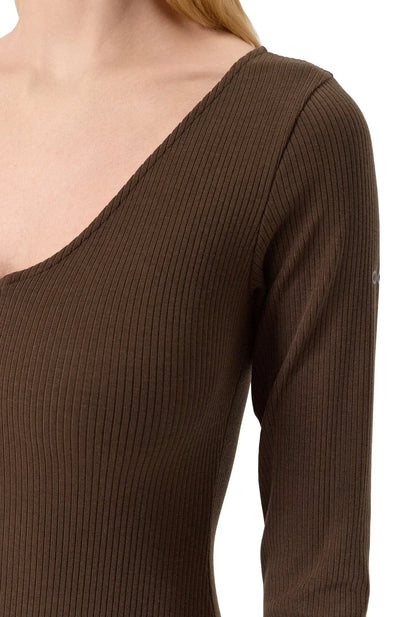 Alo Yoga Romper Rib 1 2 Zip Long Sleeve One Piece Women's Sneakers — Brown/Heather