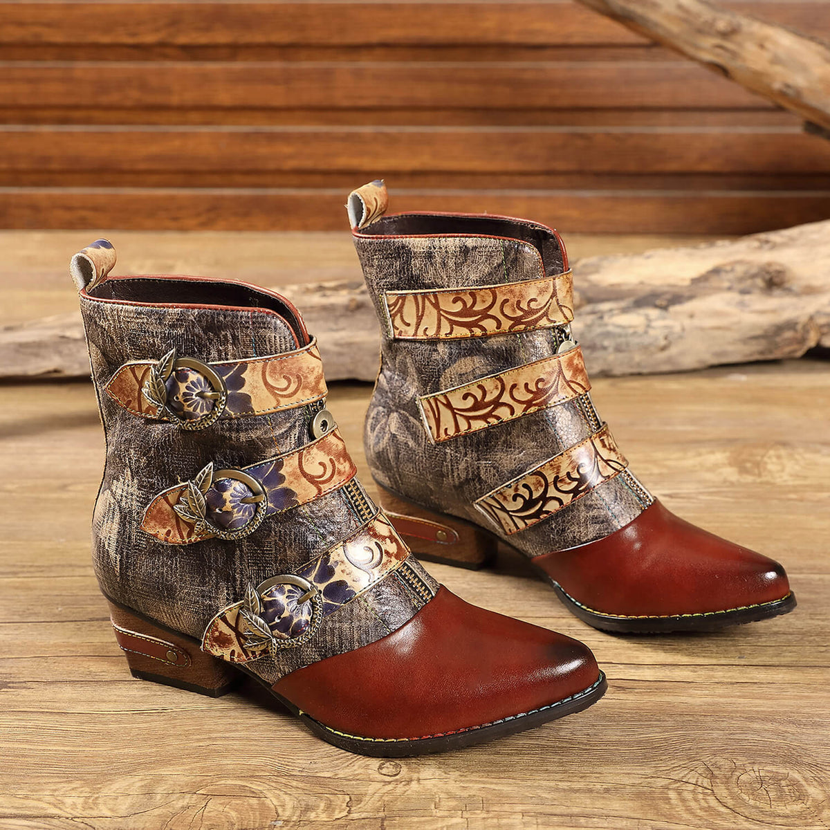 Retro Handmade Vintage Embossed Buckle Leather Boots – product view 2