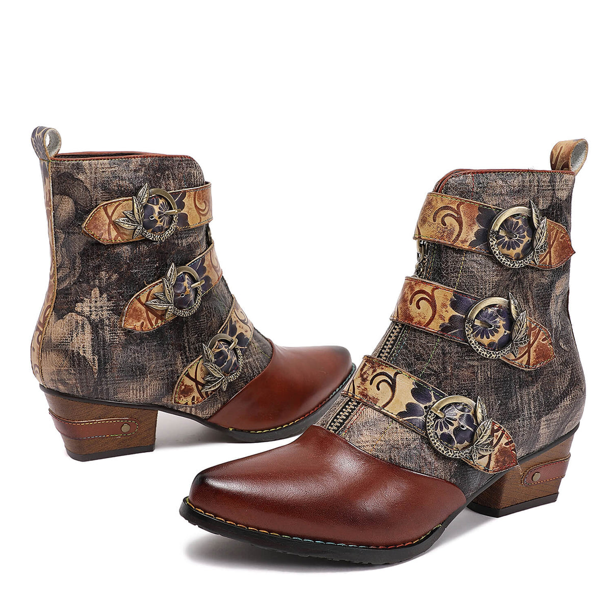 Retro Handmade Vintage Embossed Buckle Leather Boots – product view 3