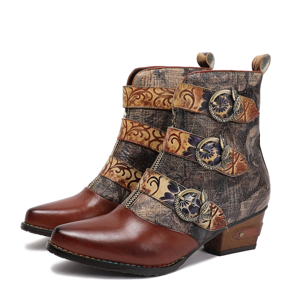 Retro Handmade Vintage Embossed Buckle Leather Boots – product view 1
