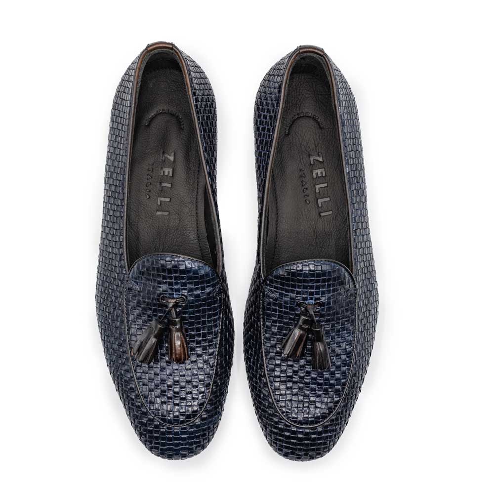 Zelli Italia 15-216-NVY TINO Calfskin Woven Tassel Loafer, Navy Angled View