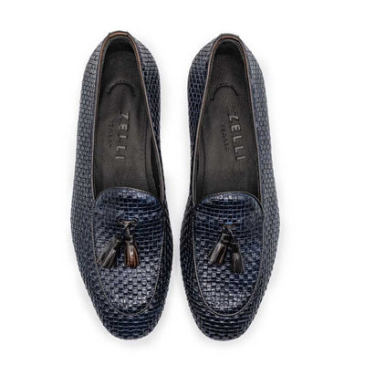Zelli Italia 15-216-NVY TINO Calfskin Woven Tassel Loafer, Navy Angled View