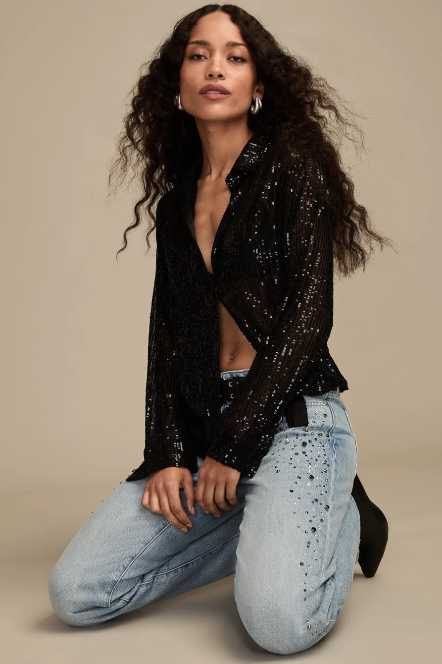 [154481-001] WOMENS LUCKY BRAND SEQUIN BUTTONDOWN SHIRT - CAVIAR – product view 6