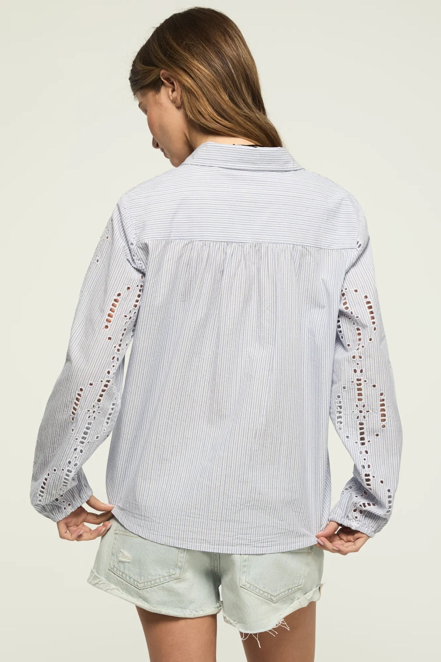 [157841-420] WOMENS LUCKY BRAND CUTWORK LONG SLEEVE BUTTON DOWN - BLUE STRIPE – product view 4
