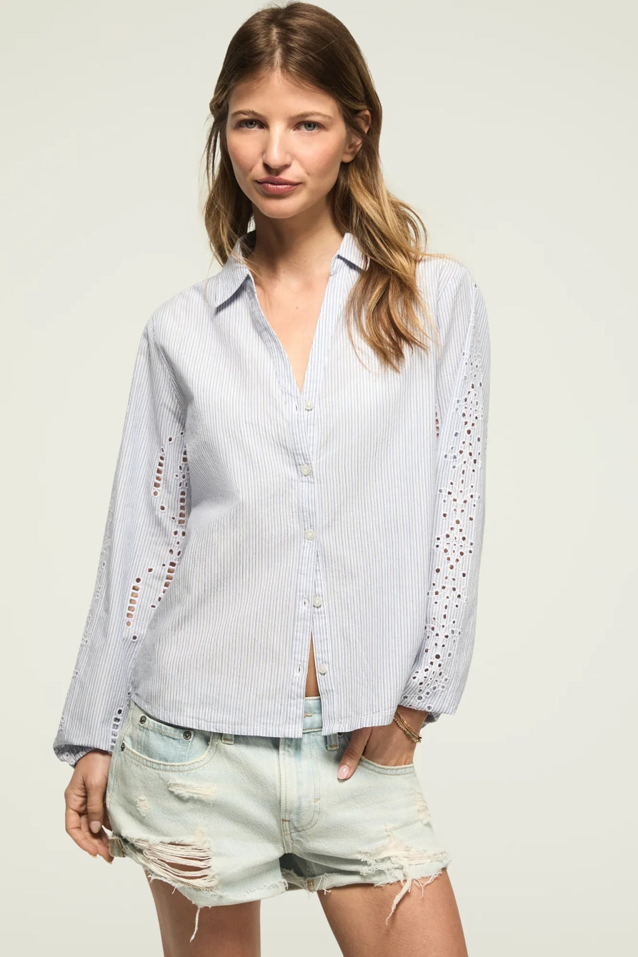 [157841-420] WOMENS LUCKY BRAND CUTWORK LONG SLEEVE BUTTON DOWN - BLUE STRIPE – product view 1