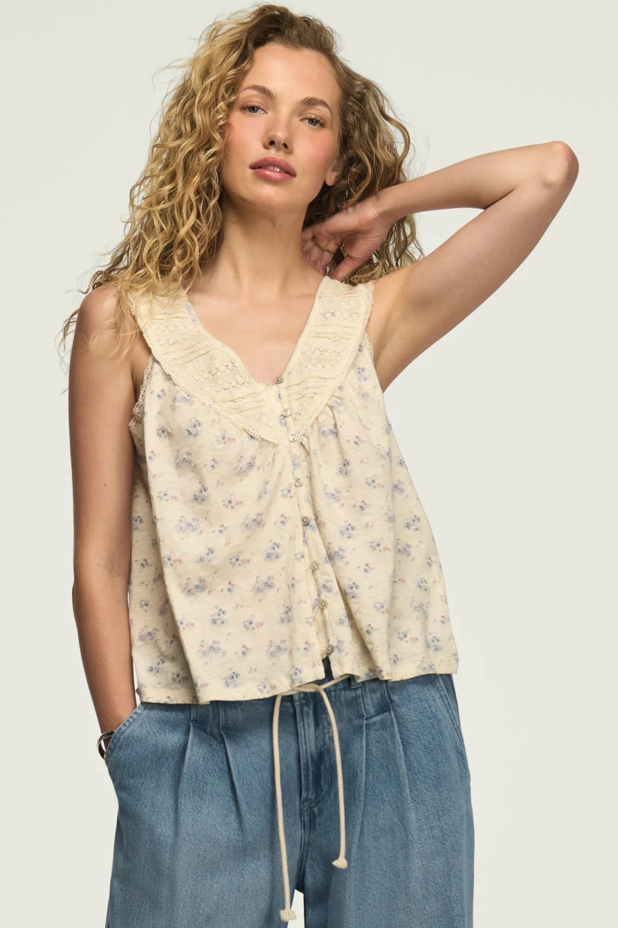 [157876-100] WOMENS LUCKY BRAND LACE YOKE V NECK TOP - CREAM FLORAL – product view 1