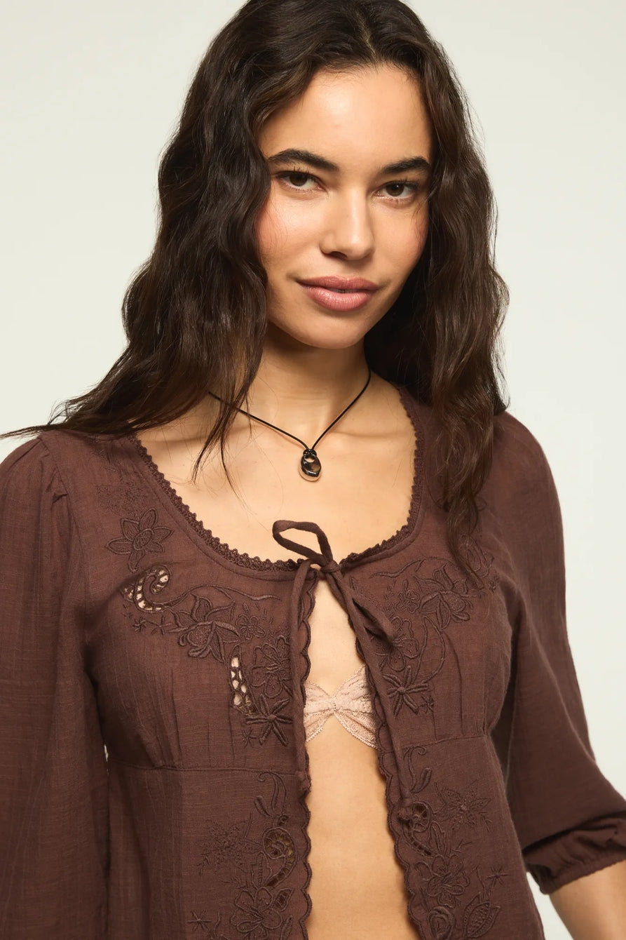 [157942-200] WOMENS LUCKY BRAND FESTIVAL CUTWORK FLYAWAY BLOUSE - FRENCH ROAST – product view 3