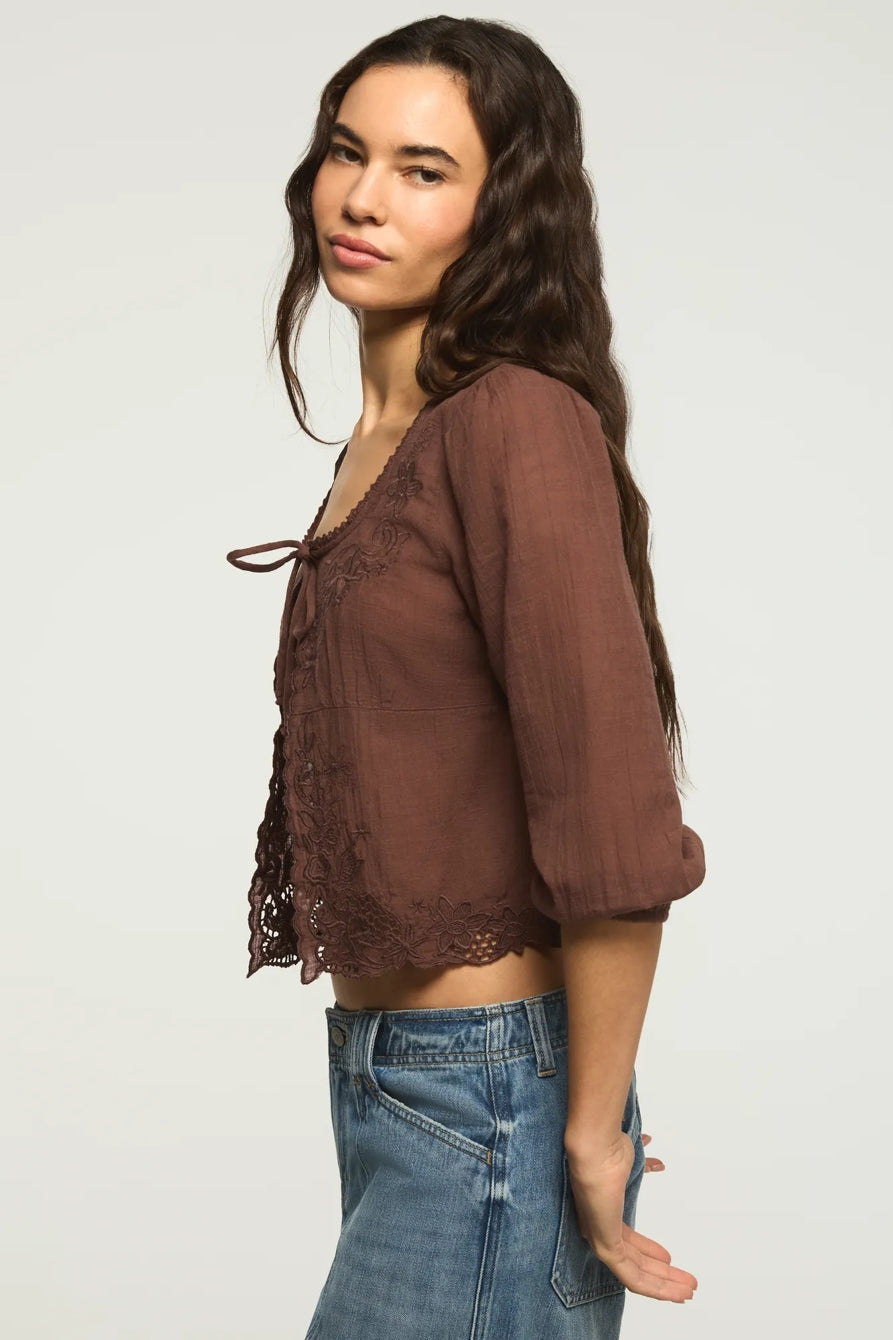 [157942-200] WOMENS LUCKY BRAND FESTIVAL CUTWORK FLYAWAY BLOUSE - FRENCH ROAST – product view 5