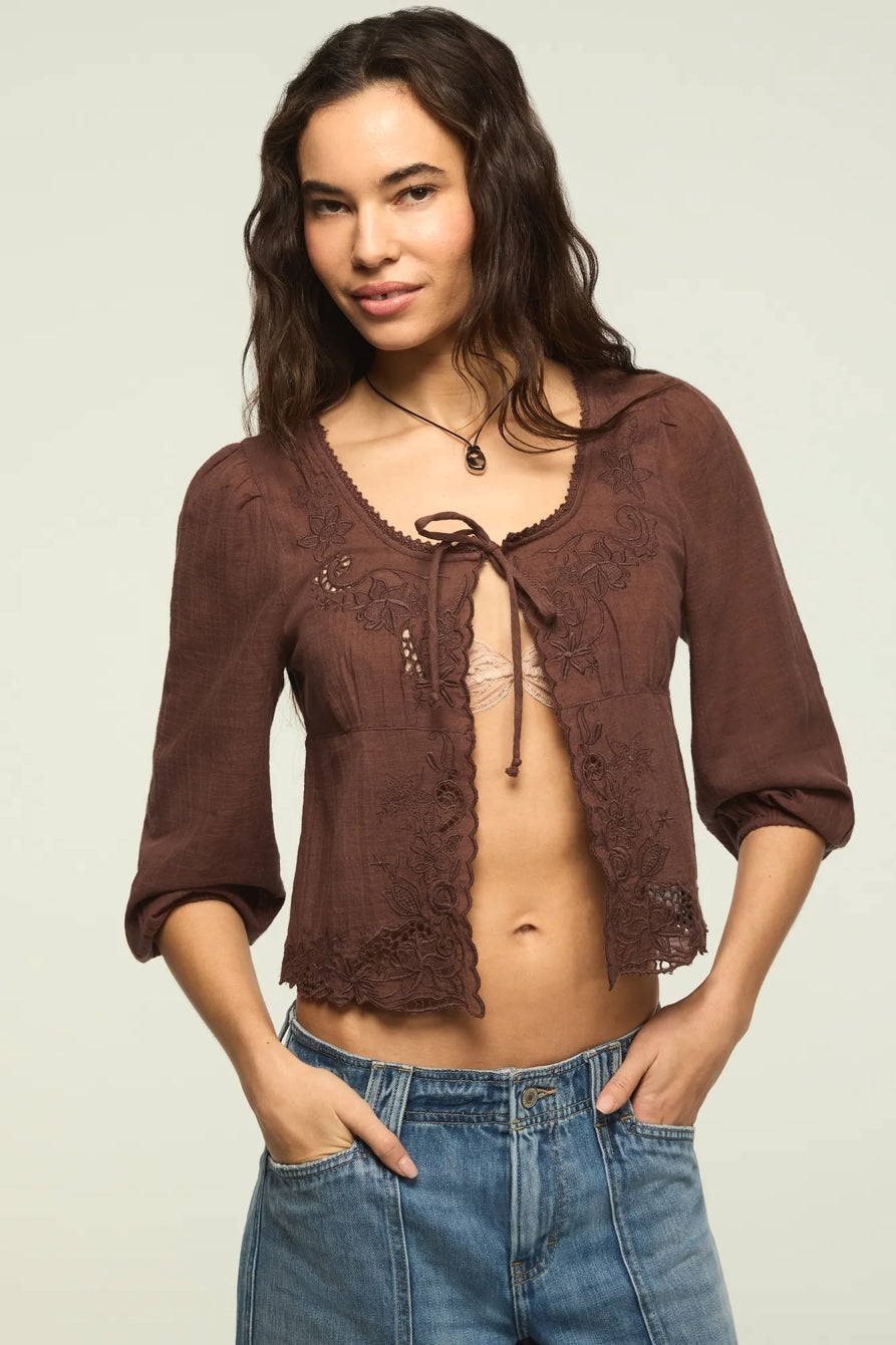 [157942-200] WOMENS LUCKY BRAND FESTIVAL CUTWORK FLYAWAY BLOUSE - FRENCH ROAST – product view 1