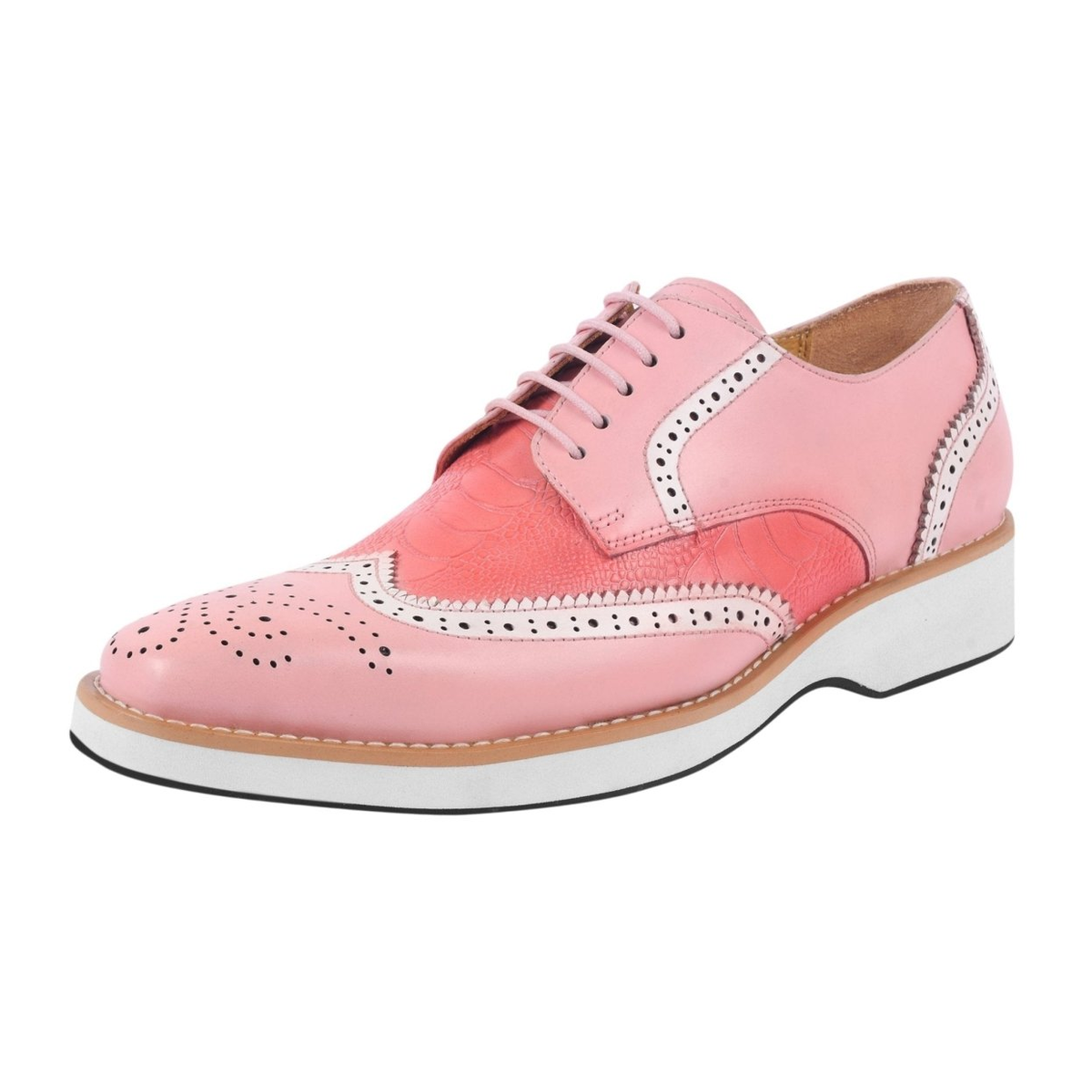 Liberty Zeno Roy men’s leather wingtip shoe in Pink, front three-quarter view, showing ostrich-leg print