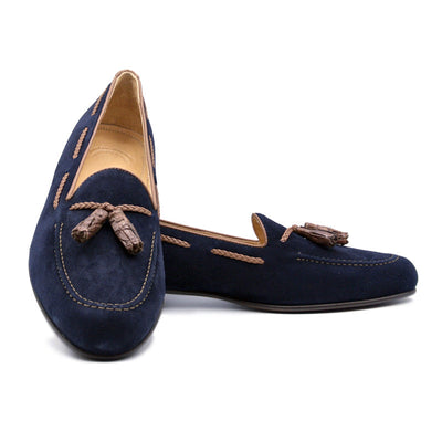 Zelli Italia 16-584-NVY NAPLES Italian Kid Suede with Embossed Crocodile Tassel Loafer, Navy Side View