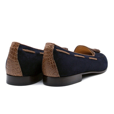 Zelli Italia 16-584-NVY NAPLES Italian Kid Suede with Embossed Crocodile Tassel Loafer, Navy Back View