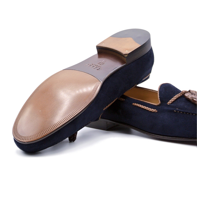 Zelli Italia 16-584-NVY NAPLES Italian Kid Suede with Embossed Crocodile Tassel Loafer, Navy Top View