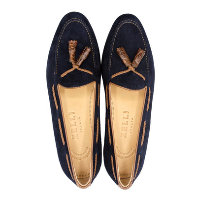 Zelli Italia Men's 16-584-NVY NAPLES Italian Kid Suede with Embossed Crocodile Tassel Loafer, Navy