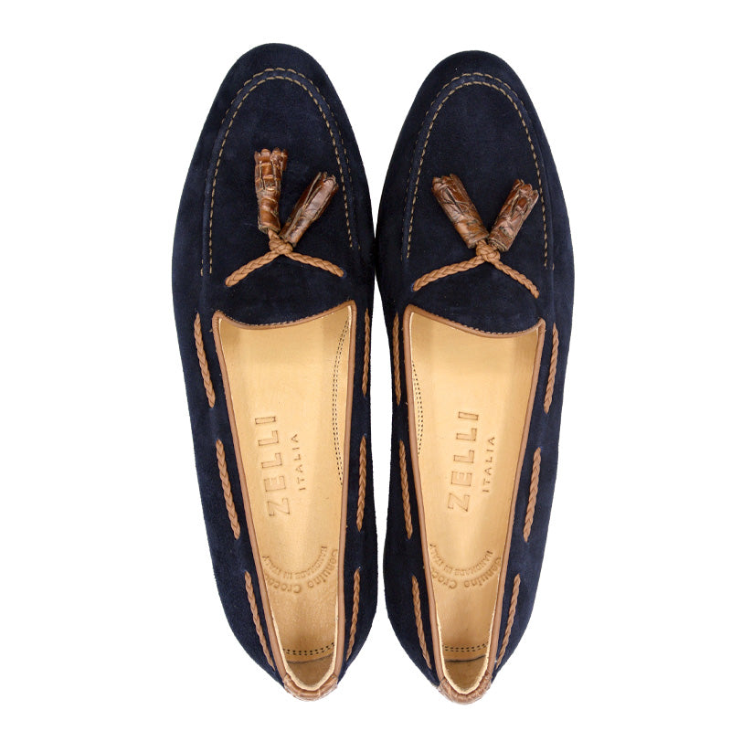 Zelli Italia Men's 16-584-NVY NAPLES Italian Kid Suede with Embossed Crocodile Tassel Loafer, Navy