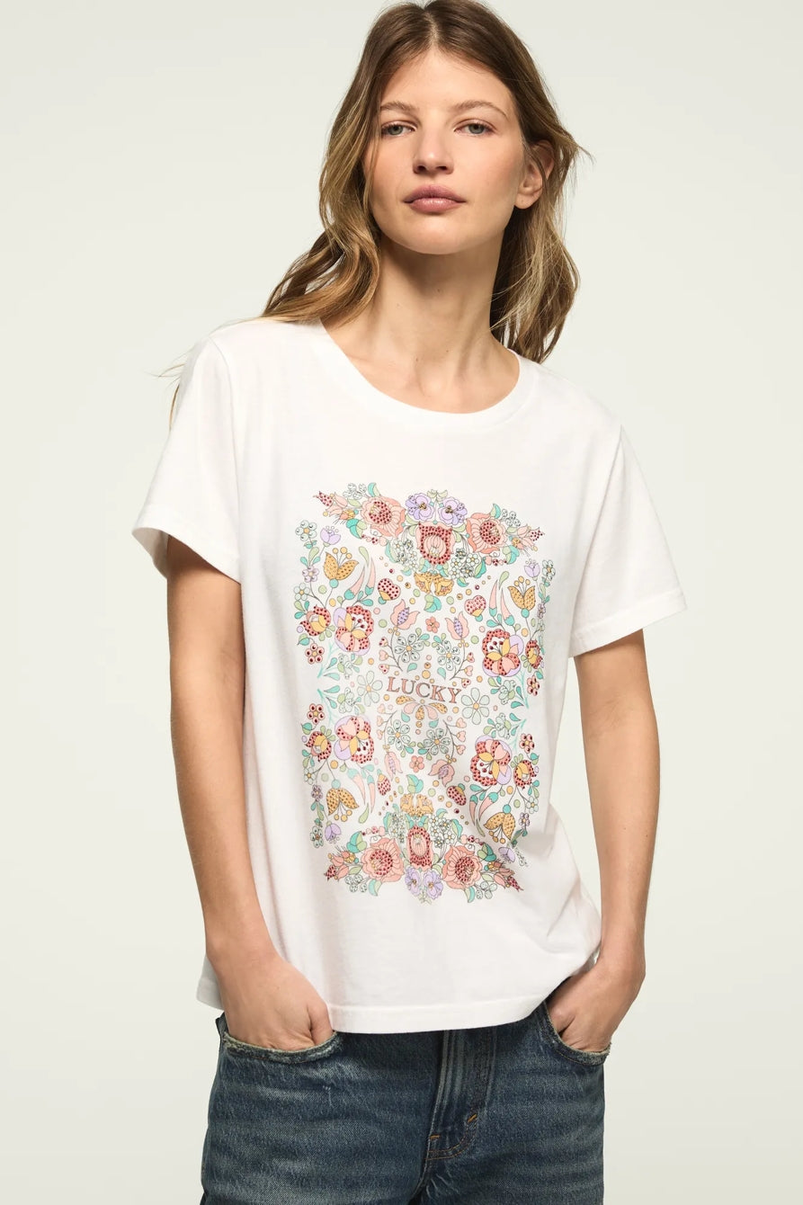 [163160-110] WOMENS LUCKY BRAND FLORAL POSTER EMBELLISHED CLASSIC CREW – product view 1