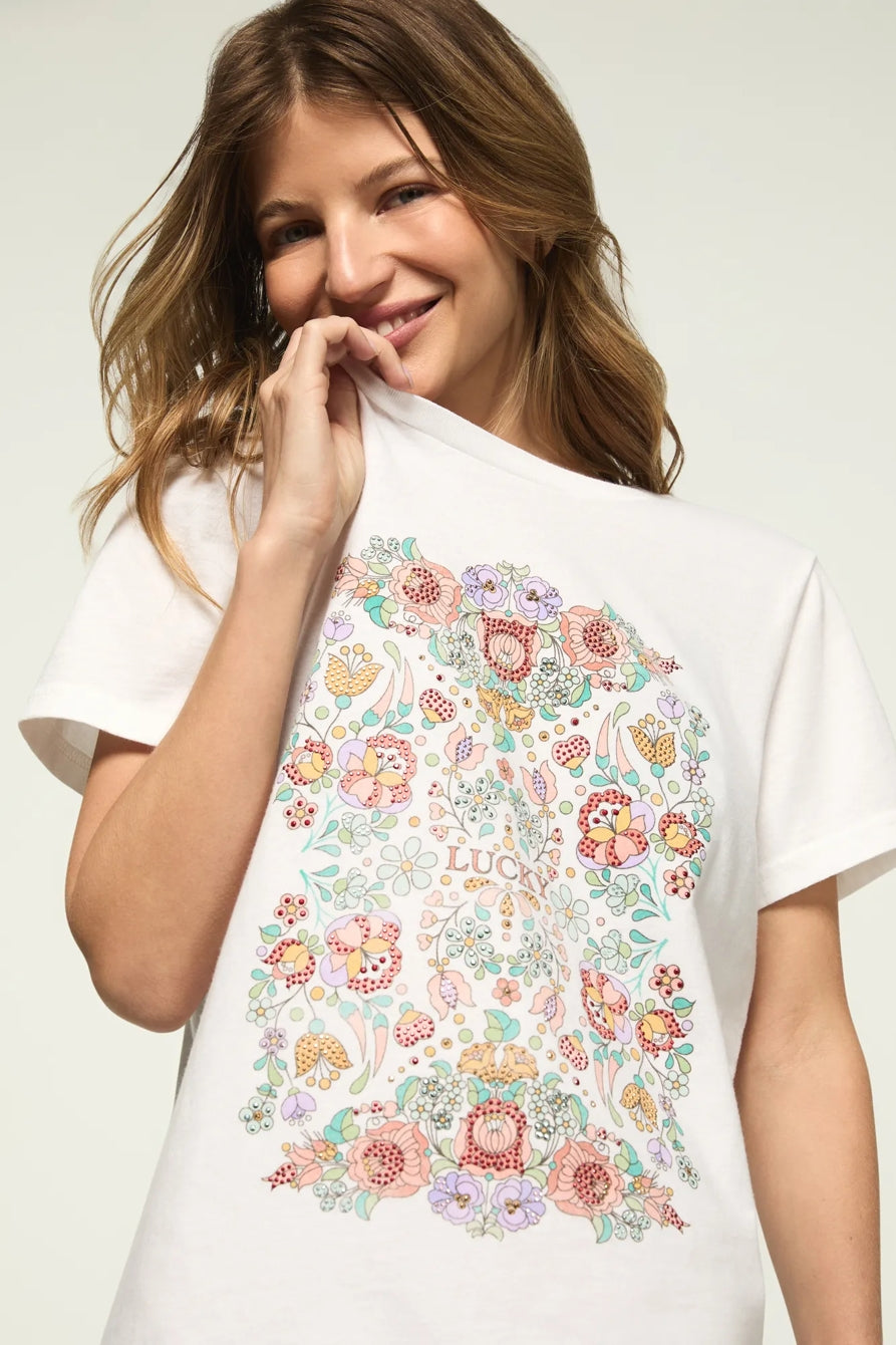[163160-110] WOMENS LUCKY BRAND FLORAL POSTER EMBELLISHED CLASSIC CREW – product view 2