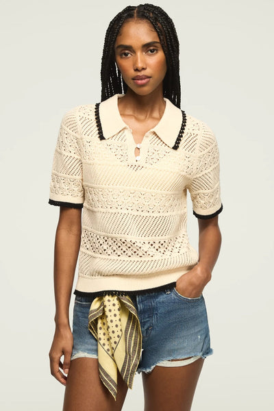 [167220-110] WOMENS LUCKY BRAND LACE POLO SWEATER TEE - WHITECAP GRAY