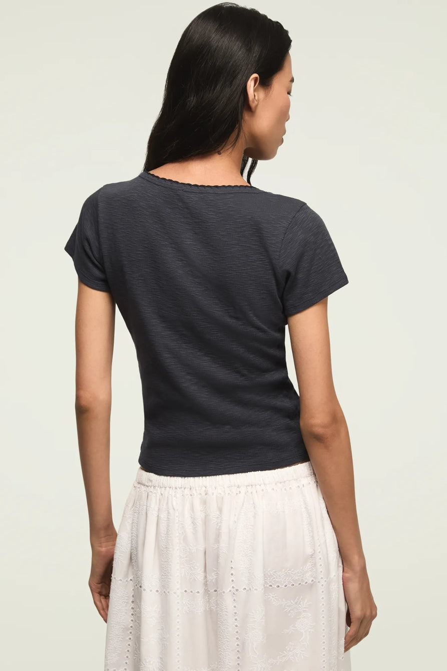 [167405-410] WOMENS LUCKY BRAND CROCHET TRIM SHORT SLEEVE HENLEY - INDIA INK – product view 3